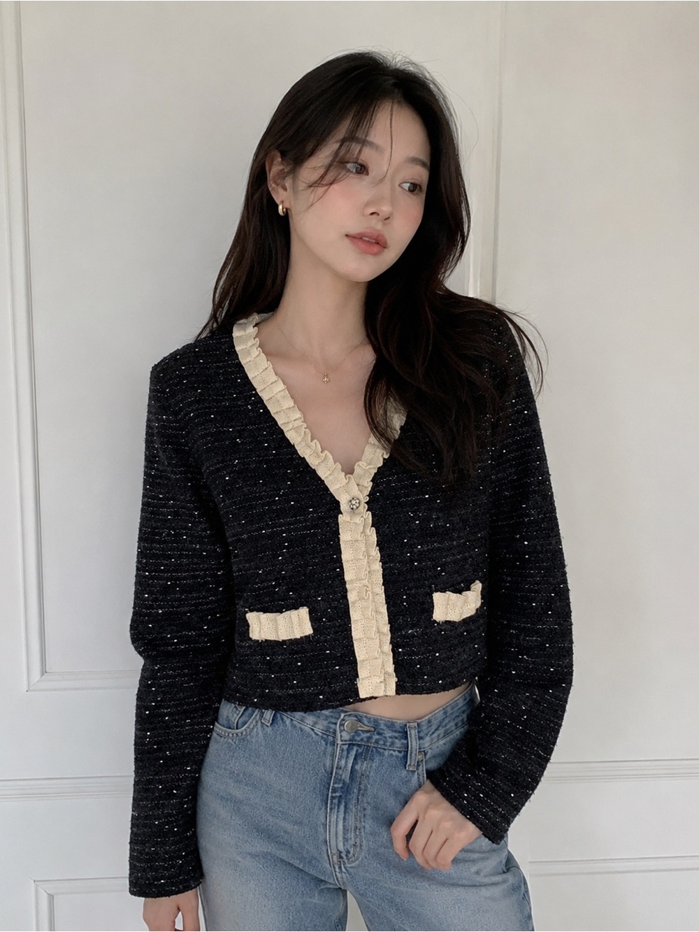 MADE IN KOREA TWEED CARDI WITH RHINESTONE FLOWER BUTTON